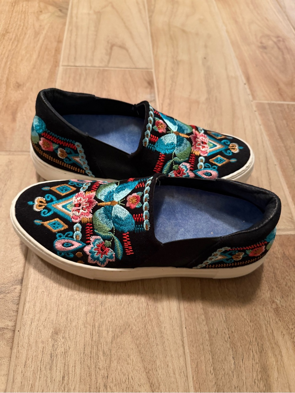 Women’s Johnny Was Black Slip-On Embroidered Sneakers - Colorful Floral Design